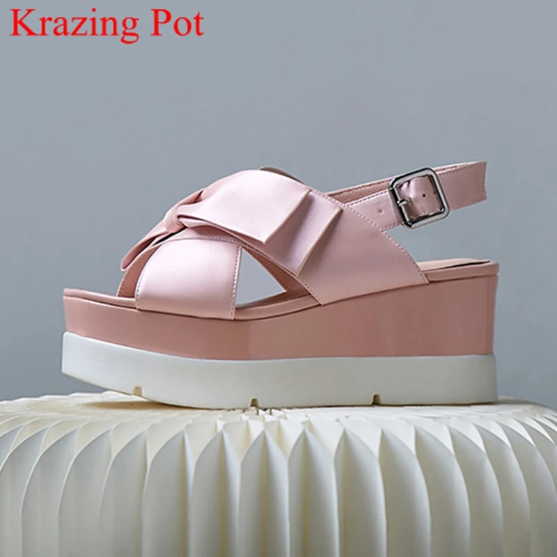 

big size peep toe high heels wedges butterfly-knot elegant back strap women sandals elegant buckle platform summer shoes L5f6