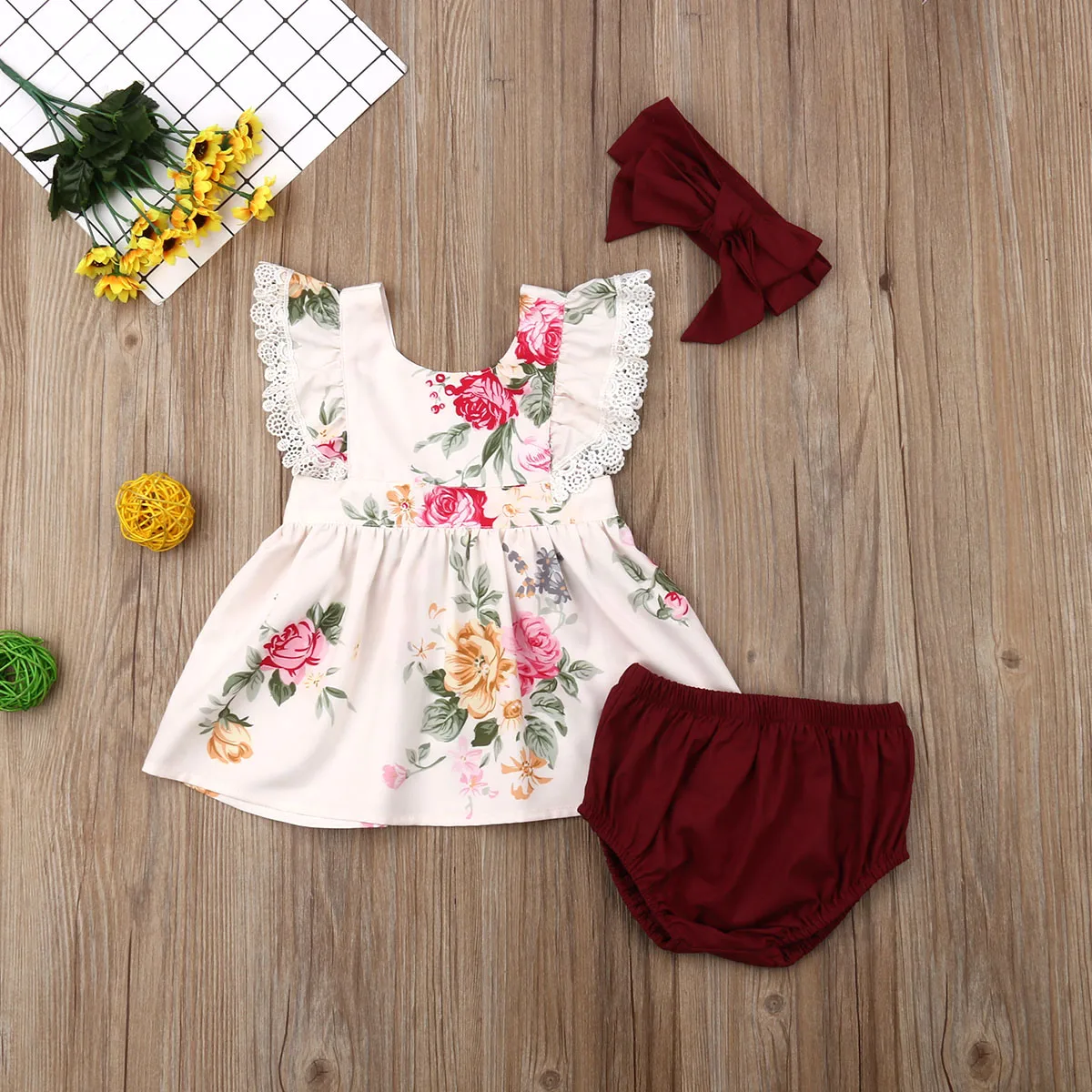 

3Pcs Fashion Toddler Baby Girls Summer Clothes Floral Dress+Pants Shorts+Headband Outfit Sets