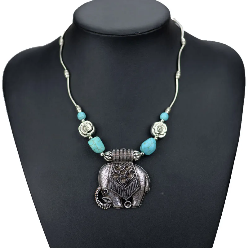 NR098 богемский этнический резной Тибетский серебристый цвет синий камень Винтажное колье ожерелье для женщин модное ювелирное изделие для девушек - Окраска металла: Big Elephant