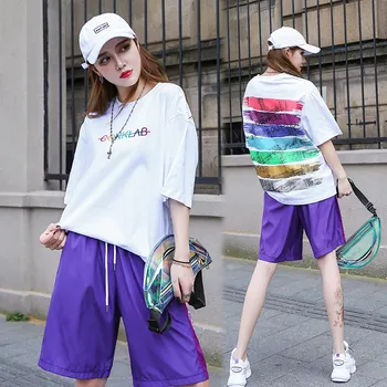 

2019 Summer Women Two Piece Outfits Hip Hop Style Purple Shorts and White T Shirt Set Casual Letter Pattern