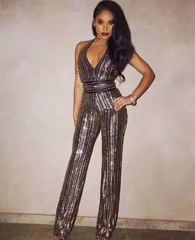 

Top quality striped full length sexy v-neck backless sequined evening party celebrity bandage jumpsuits wholesale
