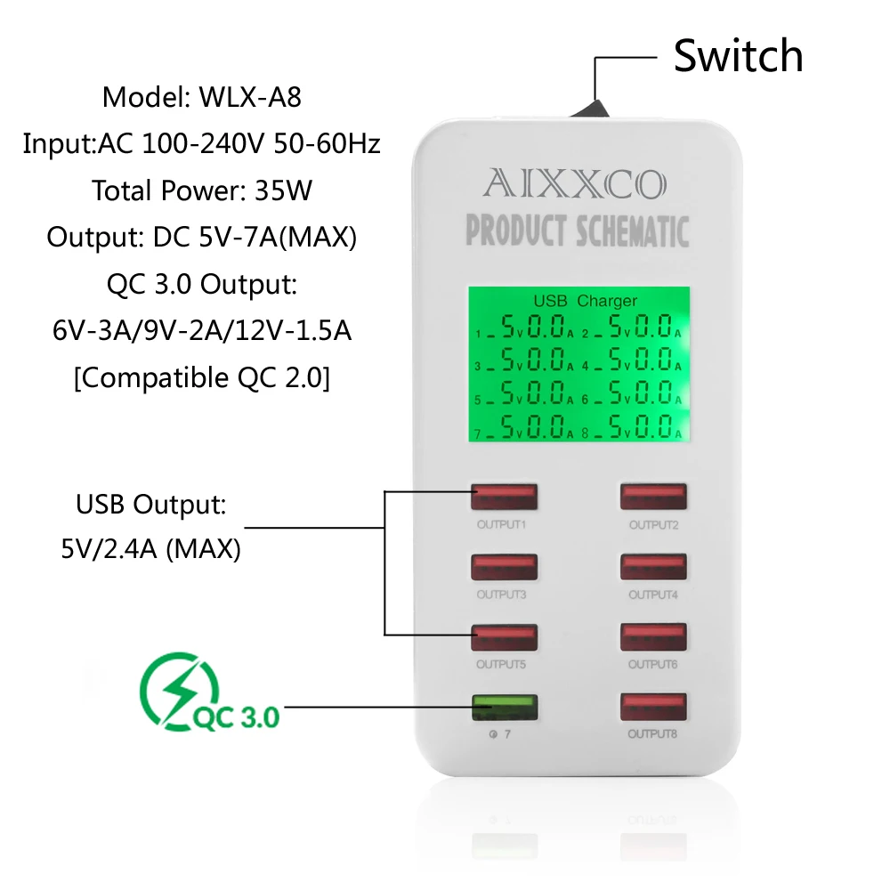 AIXXCO дисплей экран Quick Charge QC3.0 адаптер USB зарядное устройство Smart 8 портов настольное зарядное устройство мобильного телефона зарядное устройство QC2.0