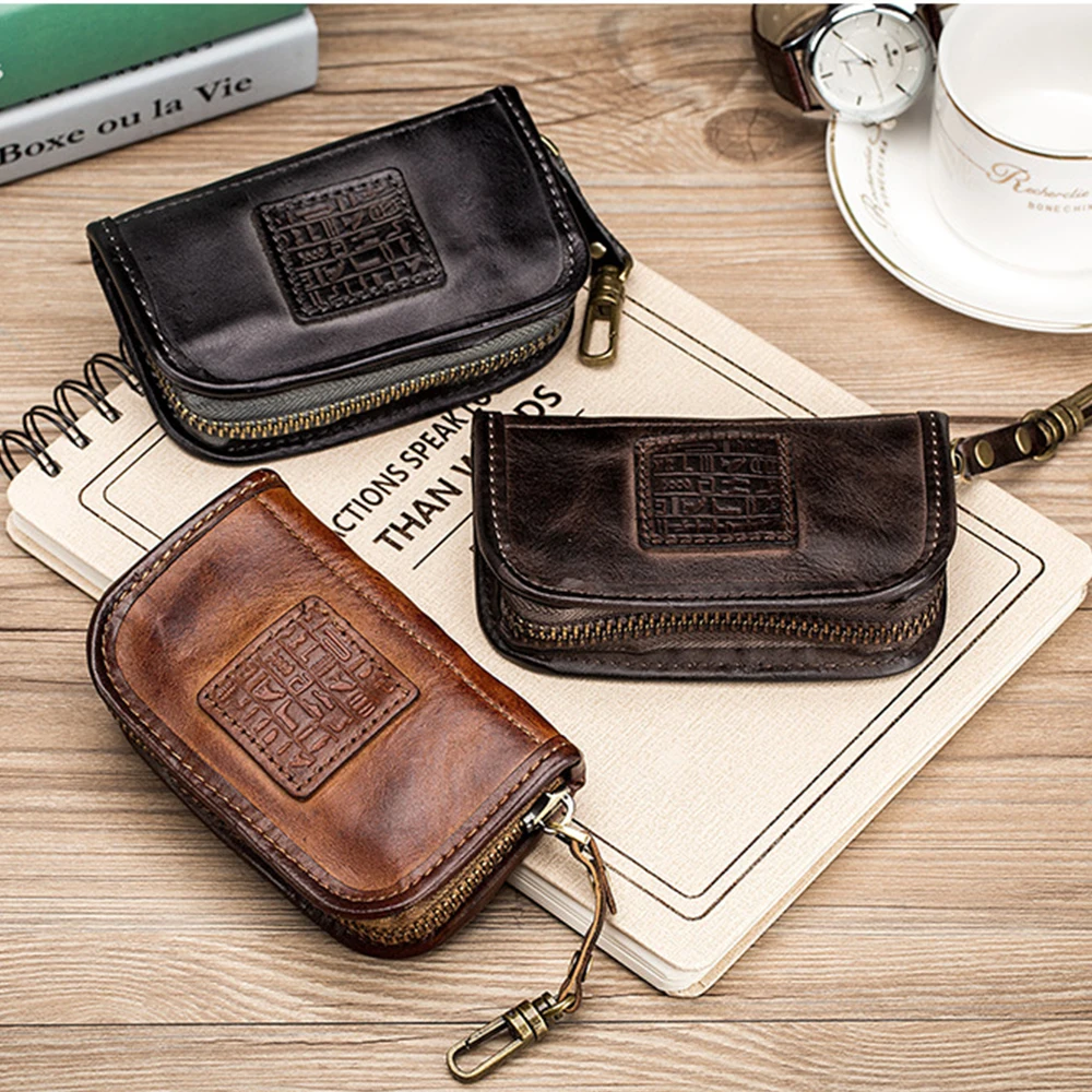 

Genuine Leather Men Women Key Holder Organizer Cow Leather Car Key Bag Wallet Housekeeper Multifunction Key Case Zipper Card Bag