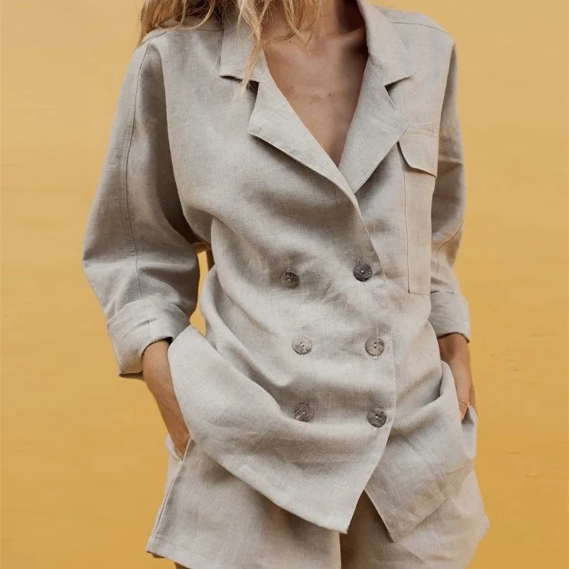 

2019 Solid Double-Breasted Coat Shorts Loose 2 Piece Set Women Long Sleeve Top And Pants Two Piece Set Elastic Waist Suits
