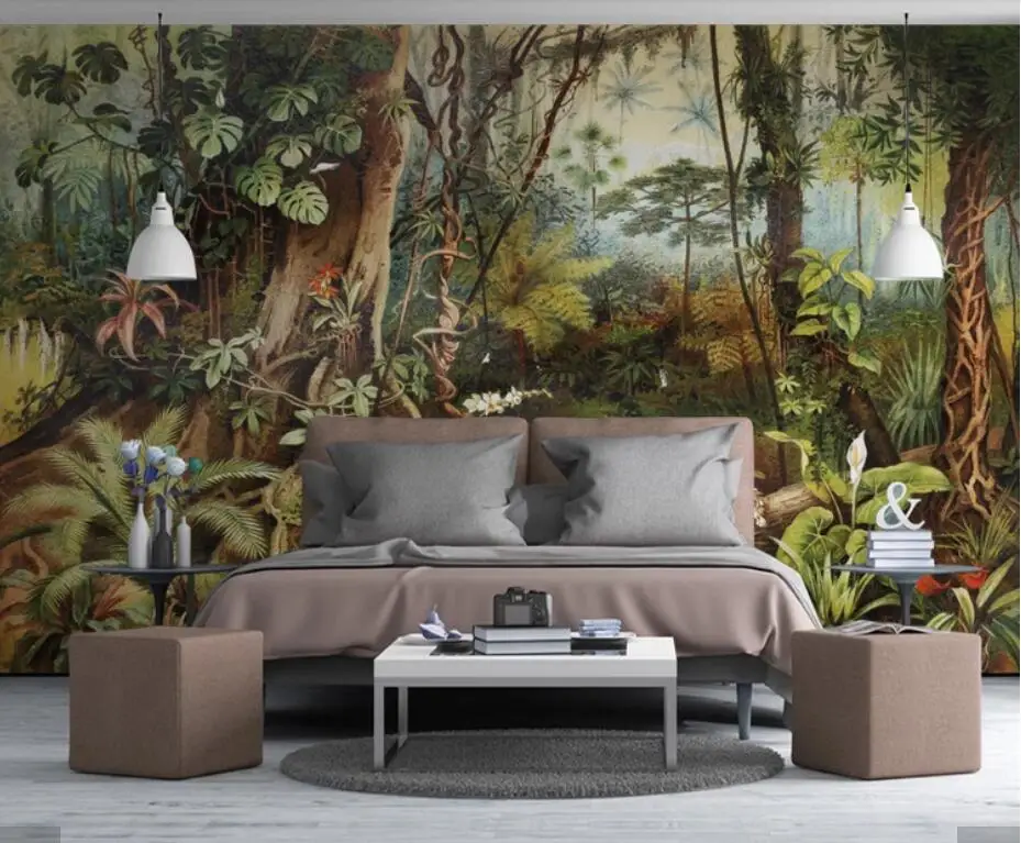 Винтажные обои с тропическим лесом, настенные фрески, наклейки, 3D обои в рулонах для гостиной, спальни, дивана, ТВ-фона