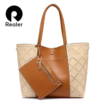 

REALER brand fashion women shoulder bag female high quality hollow composite tote bag large capacity handbag Gray/Brown/Wine Red