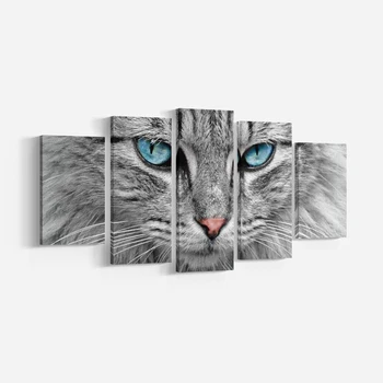 

5 Pieces Modern Art Grey Cat With Blue Eyes Canvas Painting Wall Art Picture Animal Print And Poster Room Decoration