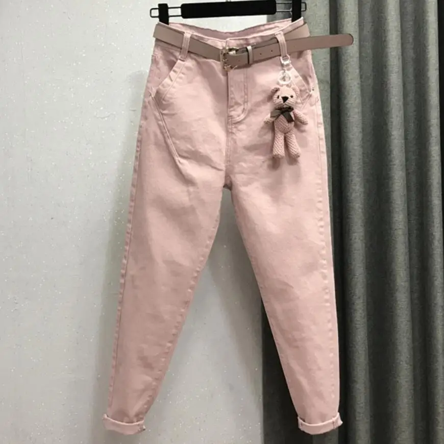 Размера плюс 26-32! новые весенние повседневные штаны-шаровары, свободные розовые женские джинсы с высокой талией