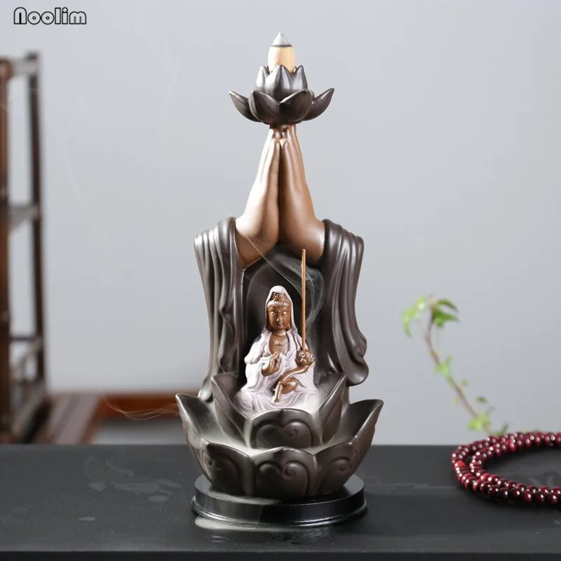 Фарфоровая горелка для благовоний бергамота Гуаньинь три храма святого Будды поставка кадильница для ароматерапии статуя молитвы - Цвет: B