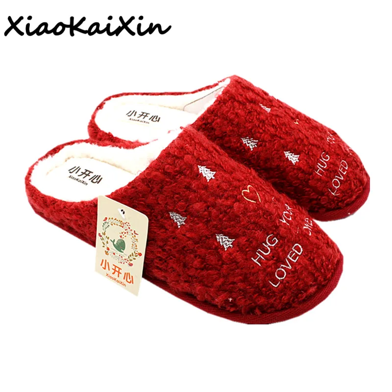 

XiaoKaiXin Ladies Indoor Cartoon Slippers 2018 Winter Warm Cotton Home Shoes Women Red Christmas tree pattern House Shoes Gifts