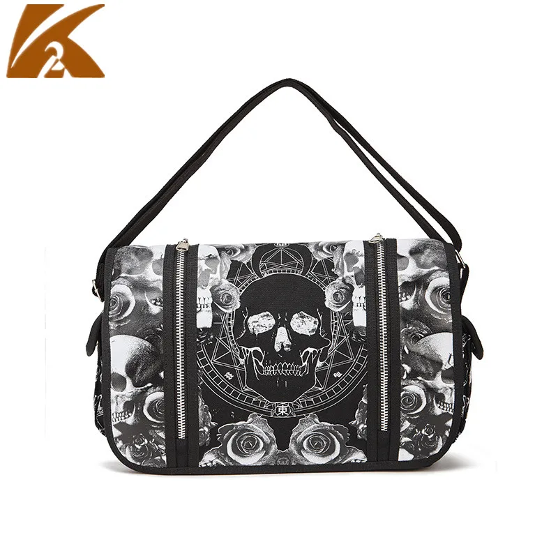 

KVKY 2019 Men Canvas Shoulder Bag Man Punk Fashion Skull Print Crossbody Bags Male Halloween Casual Travel Messenger Bags