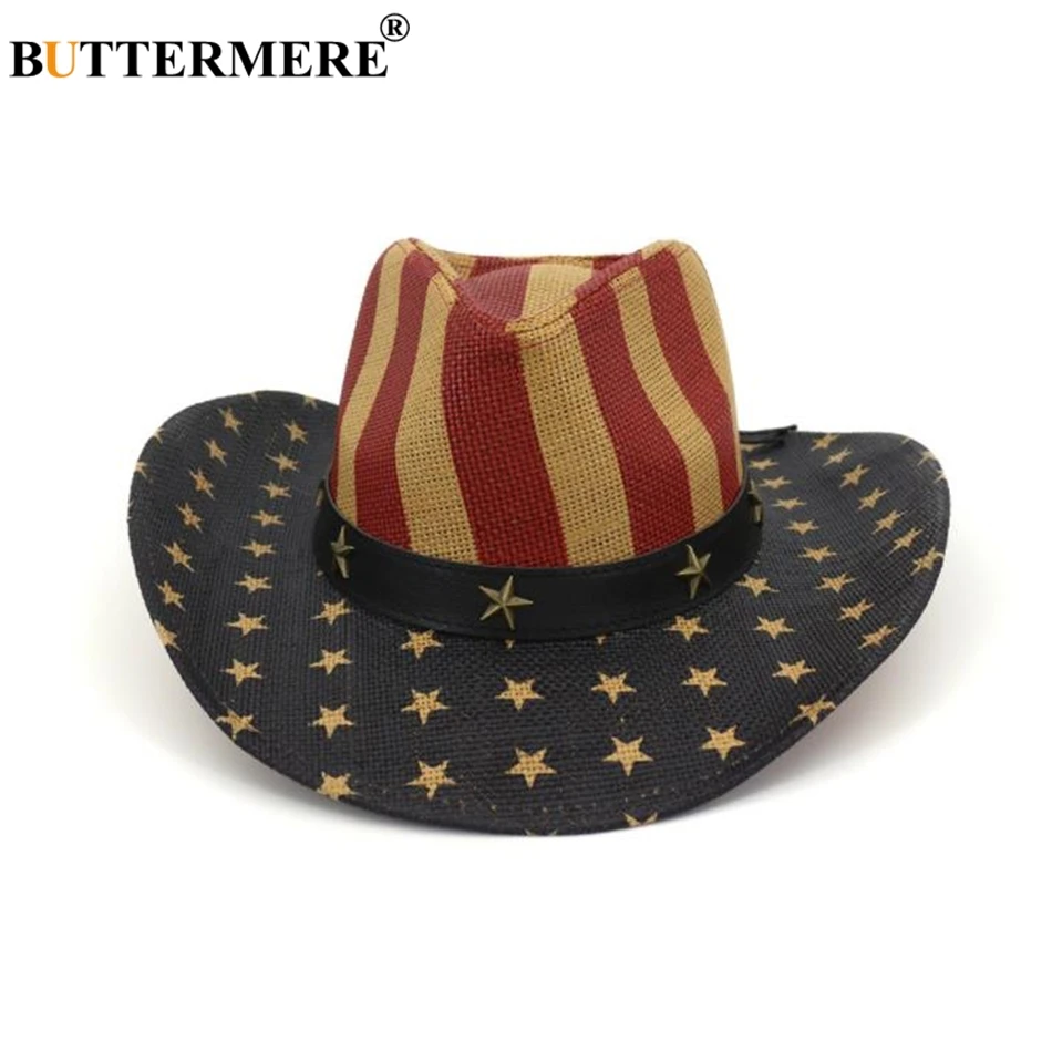 

BUTTERMERE Vintage Hat Cowboy Men American Flag Retro Western Cowboy Hat Straw Summer Beach Male Female Wide Brim Sun Hat