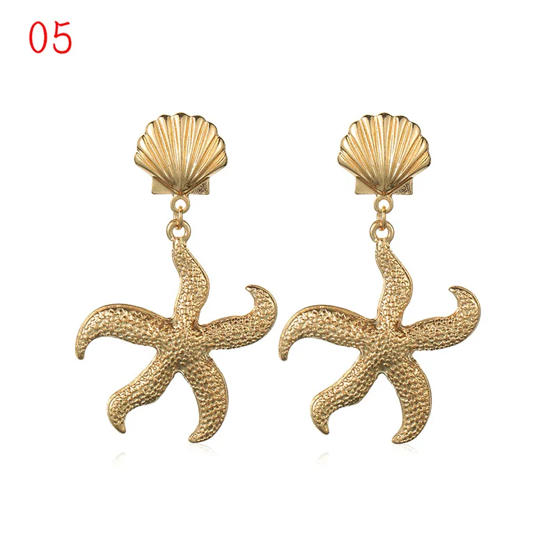 1Pair Summer Retro Fashion Shell Earrings Women Gold Color Geometric Irregular Starfish Conch Statement Jewelry Accessories - Окраска металла: 05