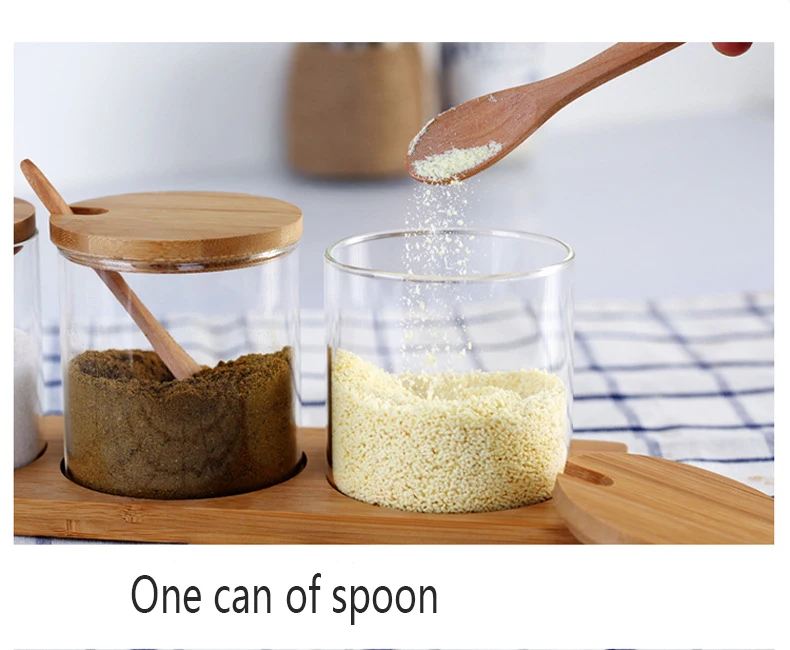 3 In 1 Glass Herb Spice Tool Cruet Glass Salt Sugar Tea Dry Goods Storage Tank with Wooden Spoon Kitchen Utensils Spice