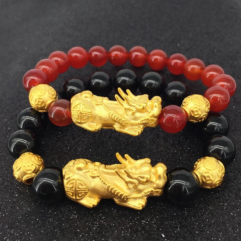 

2019 new gold jewelry charm pixiu brave troops black red crystal tiger eye obsidian men and women bracelet wholesale