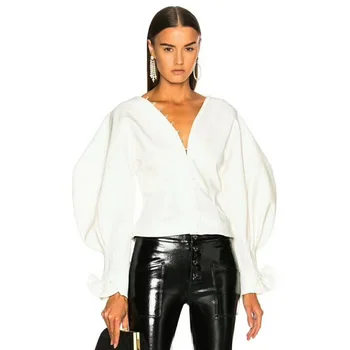 

New High Quality Women's Blouses Dots Printed White Sexy V-neck 2018 Female Buttons Shirts Tops Big Lantern Sleeves Runway White