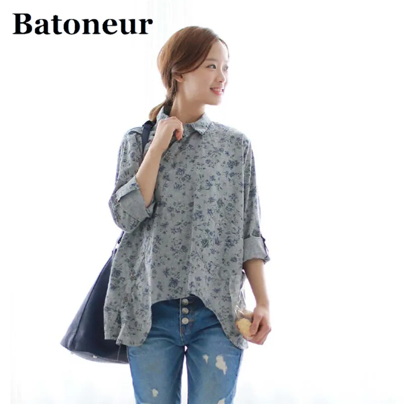 

2018 summer sale new ladies shirt cotton linen buckle white blue flowers adjustable collar irregular loose shirt