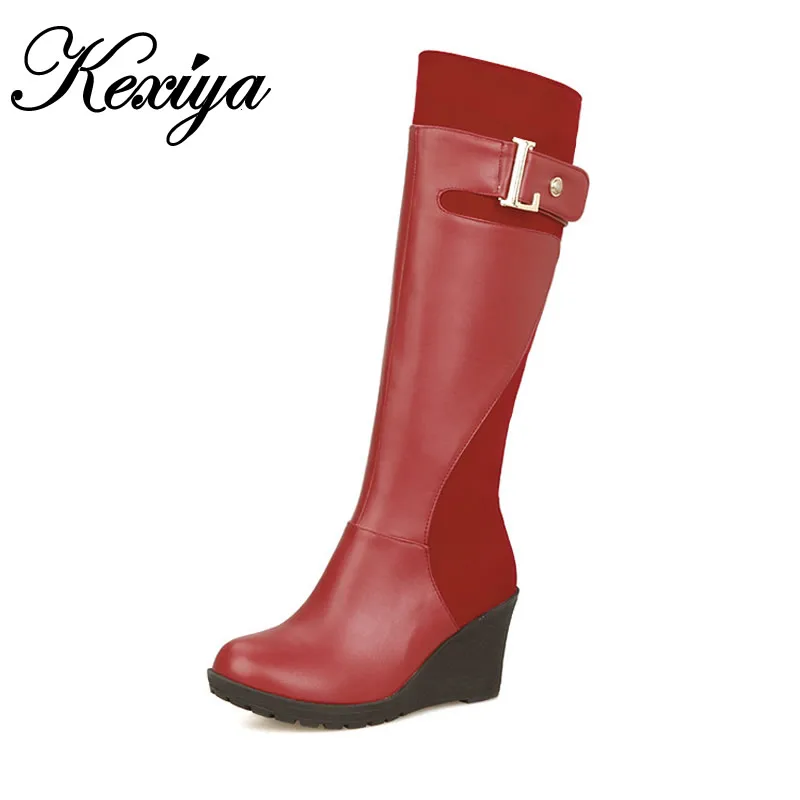 

2015 Fashion winter women shoes big size 30-50 Patchwork Buckle decoration Patchwork Wedges high heel Mid-Calf boots HQW-106