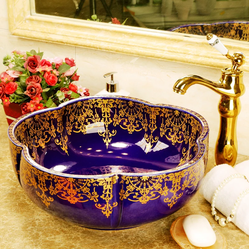 Artistic Painting Flowers Porcelain Art Countertop Wash basin Ceramic Bathroom Vessel Sinks Vanities shampoo bowl sink (6)