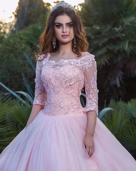 Modest-Pink-Ball-Gown-Quinceanera-Dresses-3-4-Long-Sleeves-Saudi-Arabic-Tulle-Corset-Sweet-16