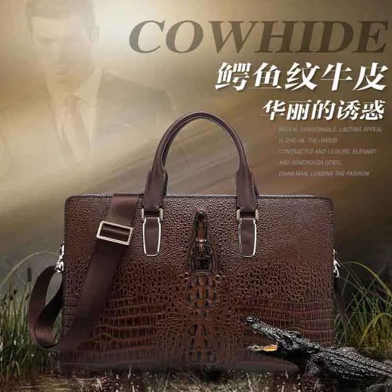

New crocodile pattern genuine men's bag cross section handbag business briefcase first layer leather messenger free shipping