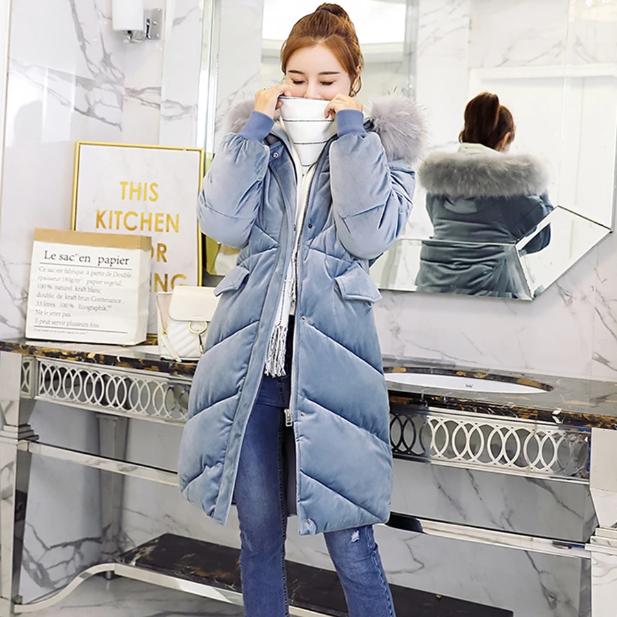 With fur trim hood Cotton Liner long down coats women plus size warm straight long Windbreaker female pockets zipper winter