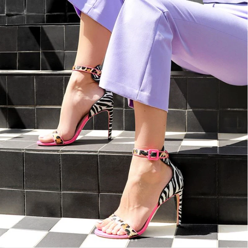 

Women Buckle Sandals Thin High Heels Fashion Peep toe Ladies Shose 2019 New Summer Women Buckle Zebra pattern Sandals