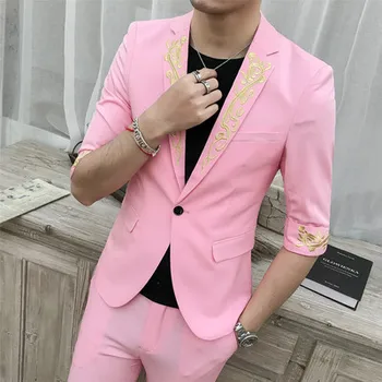

Slim Fit Suits for Men Costume Homme 2 Piece Mens Suit With Pants Tweed Embroidery Designer Tuxedo Pink Retro Mariage 2019