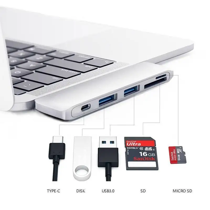 

Basix 5 In 1 USB C Hub Adapter with 2 USB 3.0 Ports, SD and Micro SD Card Reader and A Charging Port for MacBookPro Type C Hub