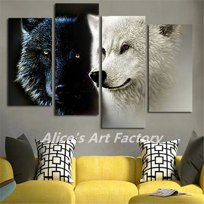 4 Piece Big Wall Art Picture Black And White Two Wolf Animal Canvas