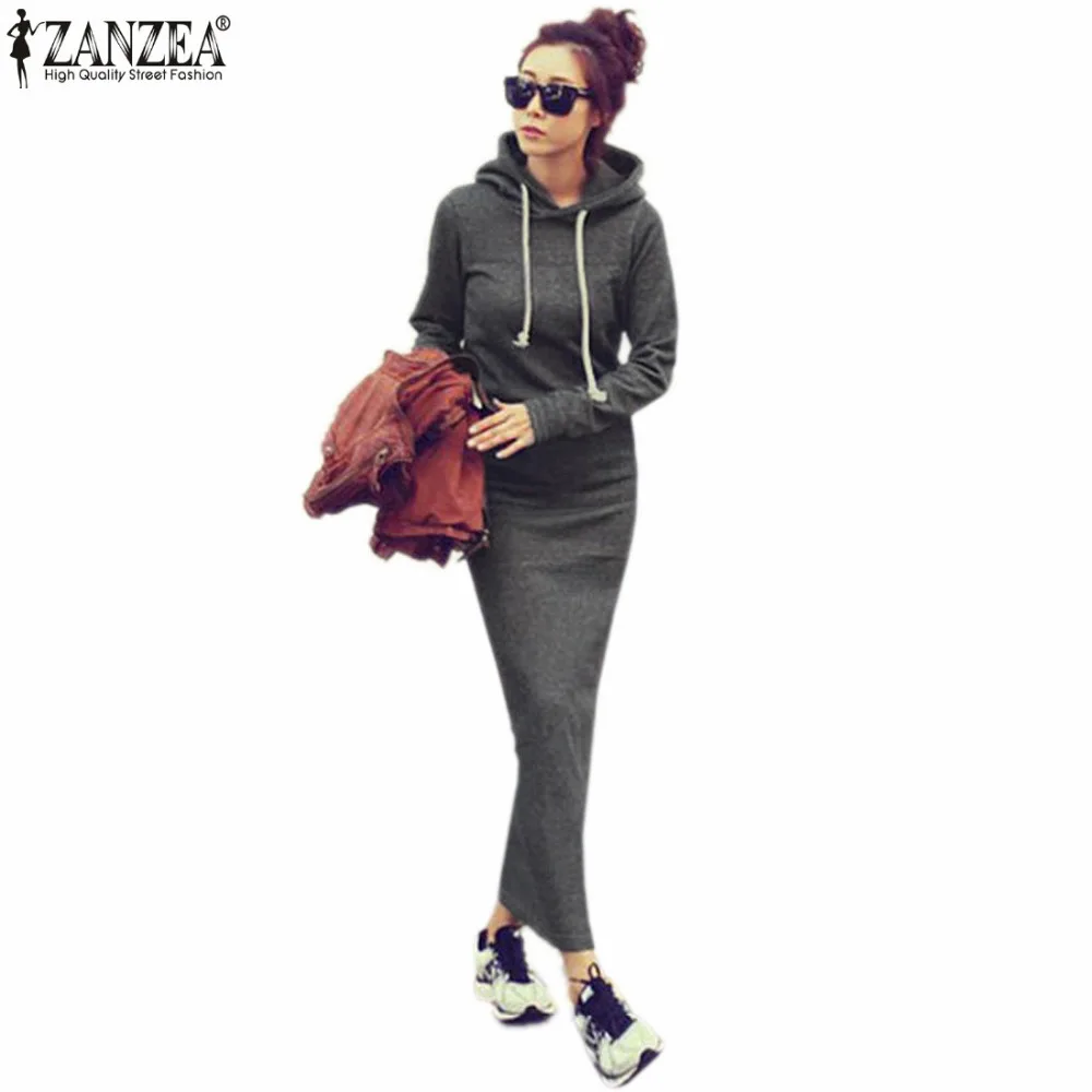 

ZANZEA 2019 Autumn Winter Women Black Sweater Dress Warm Fur Fleece Hoodies Long Sleeve Maxi Long Dresses Vestidos Femininas