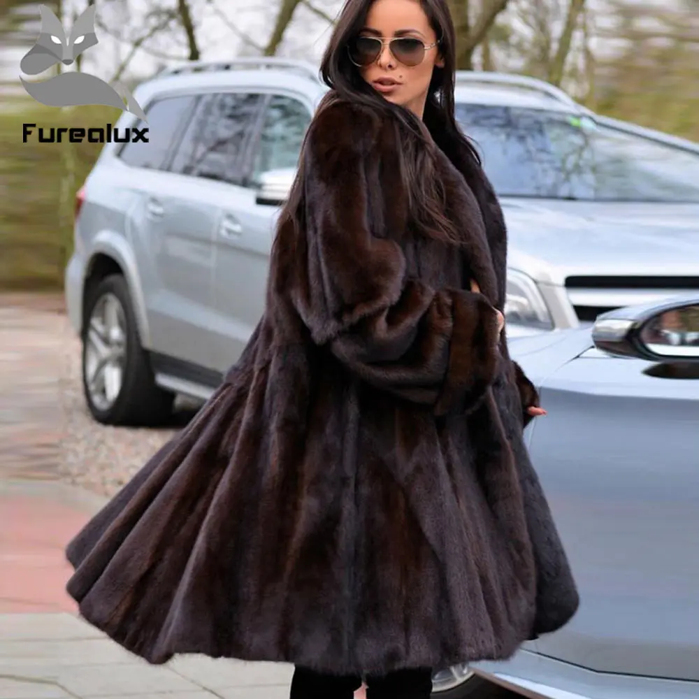Furealux, настоящая норковая шуба для женщин, Толстая теплая зимняя куртка, Женская норковая шуба с отложным воротником