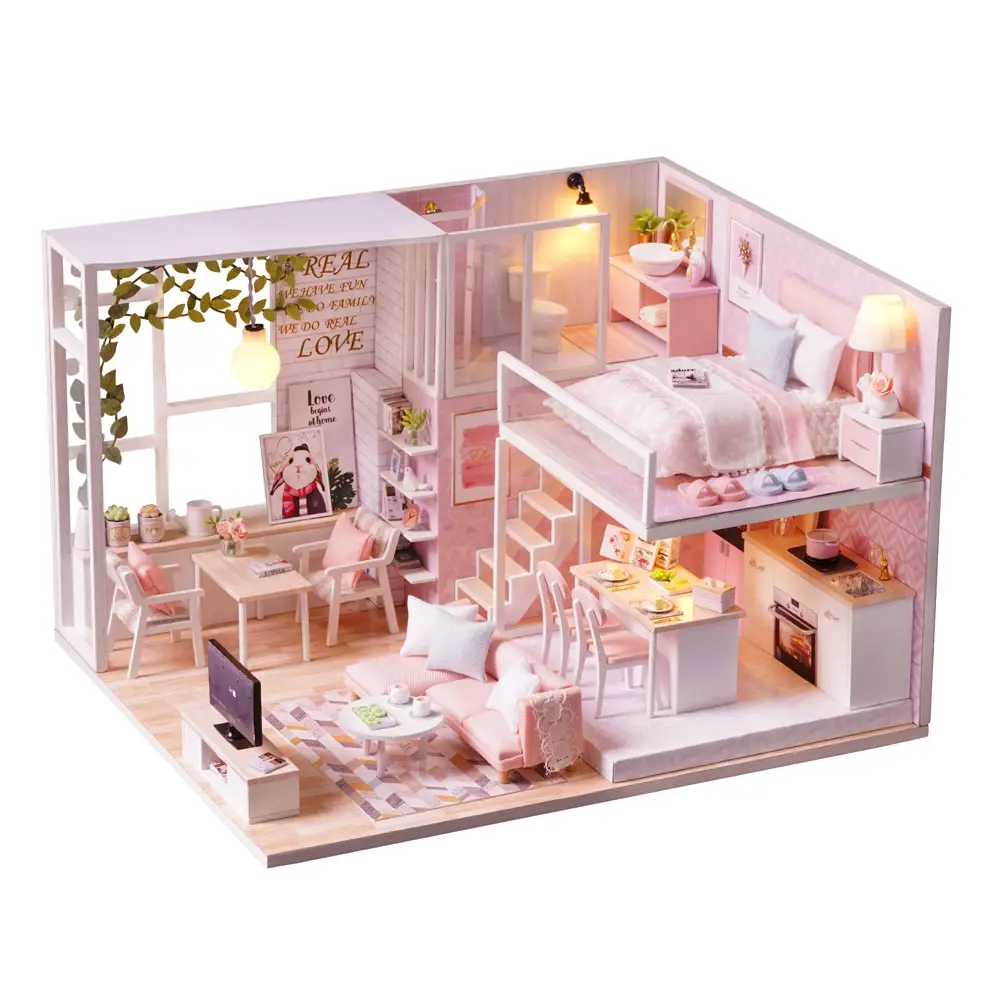 Christmas Dollhouse Miniature Wooden House Toy Furniture Light DIY Birthday Gift