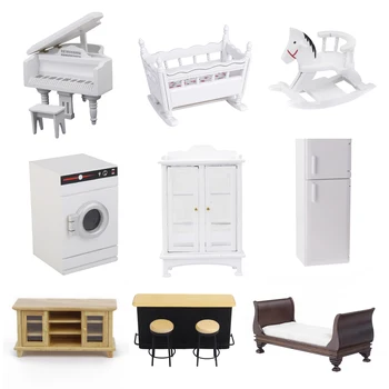 

1/12 Dollhouse Mini Modern Washing Machine Refrigerator Model piano table&cradle bed Bedroom Furniture Pretend Play Toy for Kids
