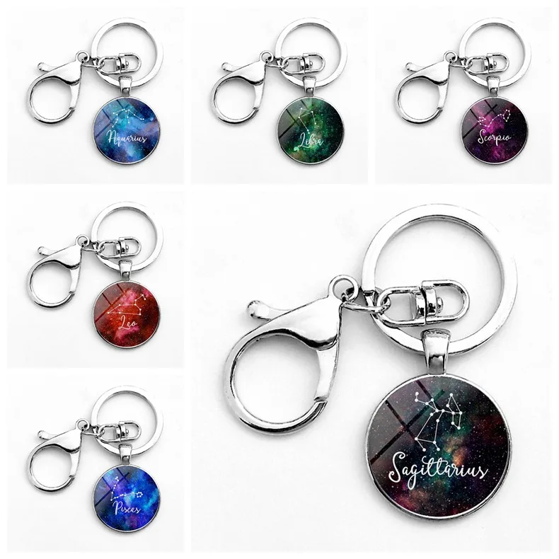 

2019 New Popular Vintage 12 Constellation Round Time Gem Key Rings Aries Taurus Aquarius Keychain Birthday Gift For Friends