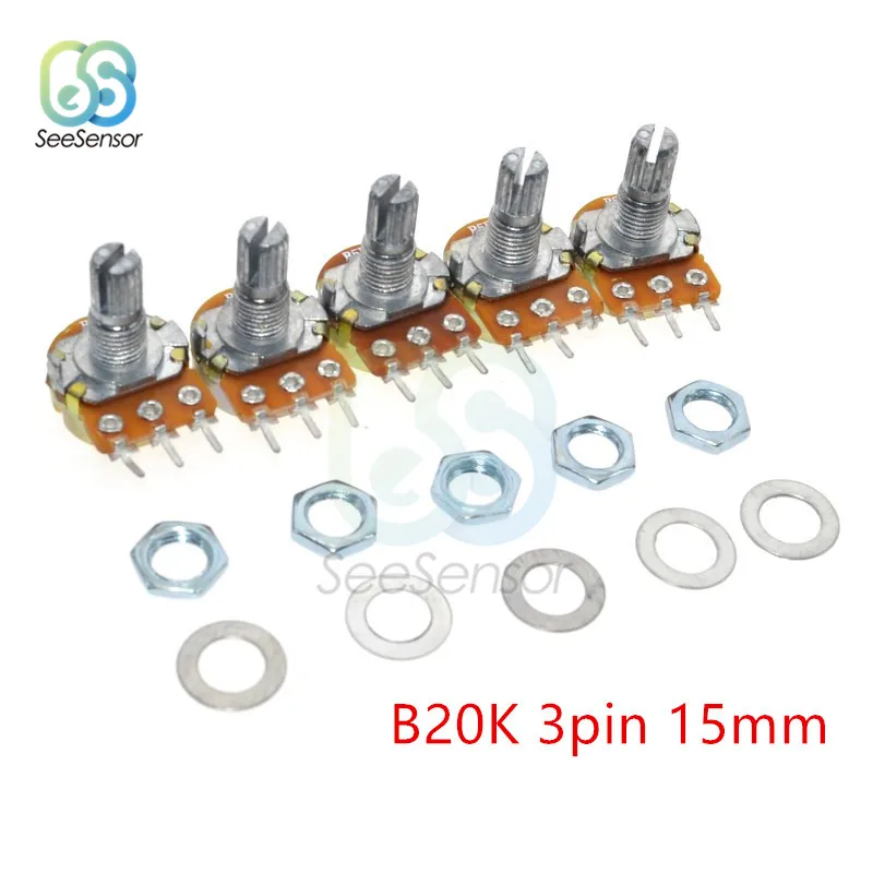 5pcs/Lot B20K ohm 3Pin Linear Rotary Potentiometer 15mm Metal Shaft Potentiometers With Nuts And Washers | Обустройство дома