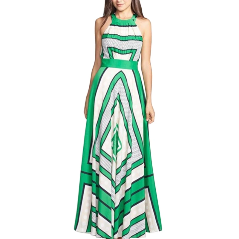 

Women Summer Dress Print Feminina Graduation Gown Sleeveless Lace Hanging Neck A-Line Long Dreess Vestidos