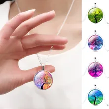 Harajuku Style Illusion Tree of Life Glass Cabochon Pattern Pendant Necklace with Silver Plated Necklace Chain for Women