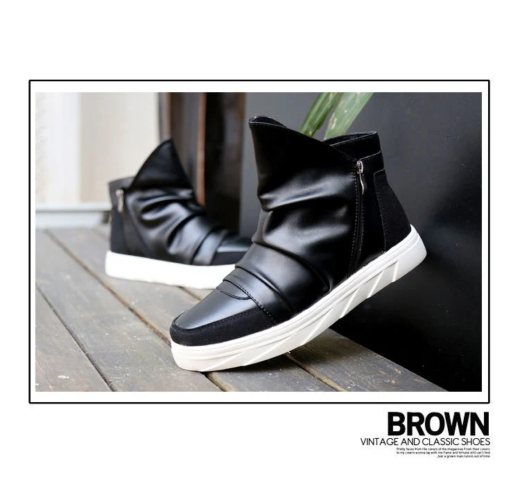 Weweya/плиссированные мужские кожаные ботинки из искусственной кожи; модные мужские ботинки в британском стиле с молнией; повседневная обувь с высоким берцем; Мужская Черная Рабочая обувь
