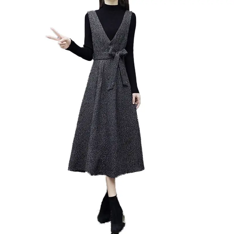 

New Spring Autumn Women Casual OL 2 Piece Set Female Long Sleeve Knitted Sweater + Dress Sets Ladies Slim Clothing Suits F177