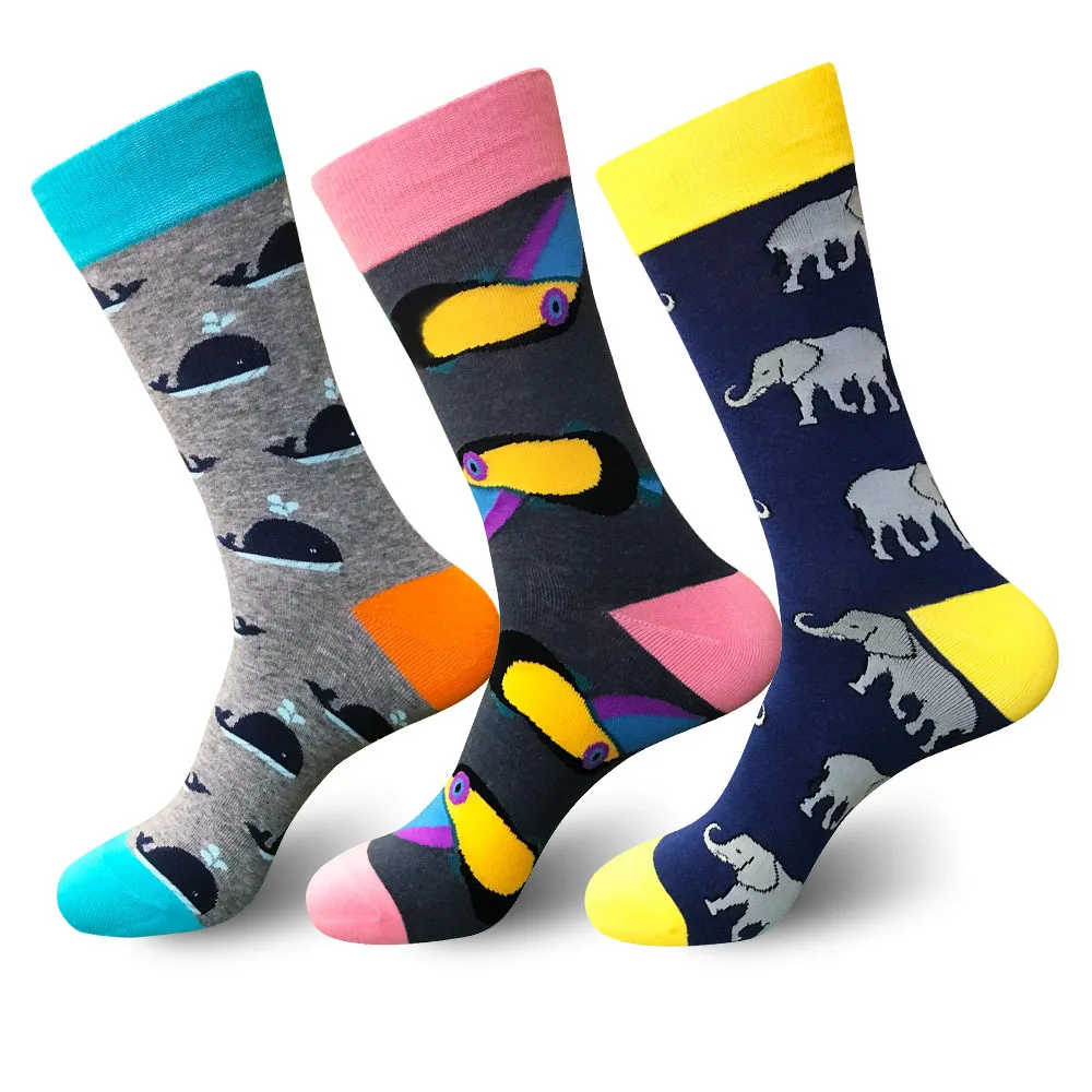 

Autumn Winter New Socks Men Happy Whale Woodpecker Elephant Pattern Colorful Retro Cotton Unisex Dropshopping Christmas Gifts