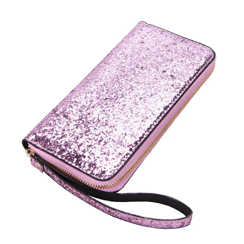 Purple Hot Selling Women Long Wallet Sparkly Sequins PU Leather Bag Hand-held Phone Card Holder-B5 - Color: Purple