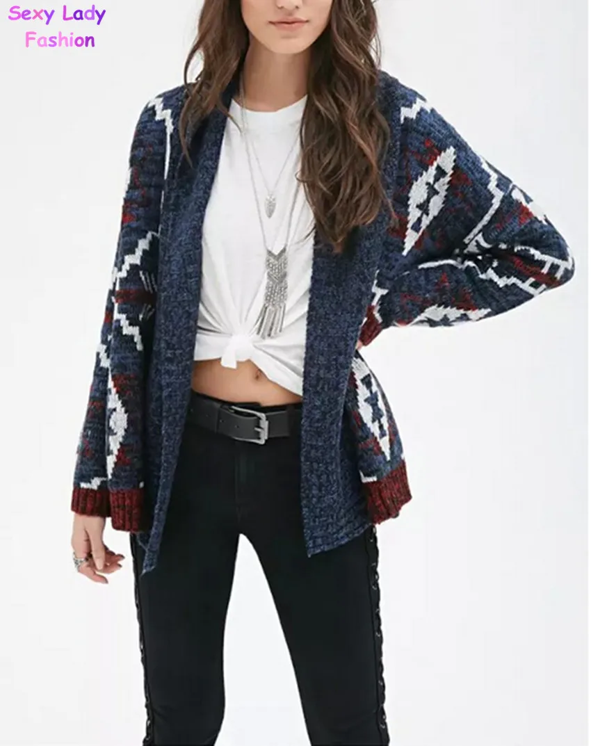 Trendy Color Contrast Hippie Boho Ethnic Knit Cardigan Sweater Women's