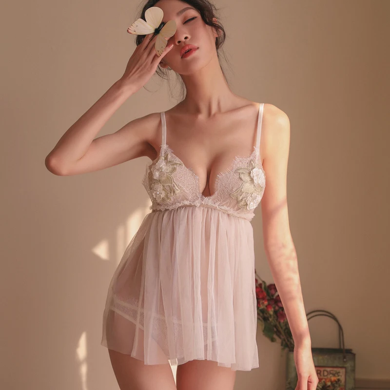 

Yhotmeng sexy lace strap perspective flower short pajamas sexy home service nightdress suit with underwear