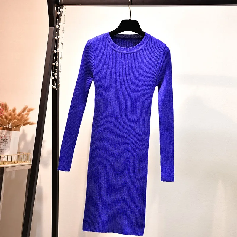 ONLYSVTER, блестящее женское платье-свитер длиной до колена с люрексом, Платье До Колена с длинным рукавом, обтягивающее сексуальное платье для женщин - Цвет: Blue 768