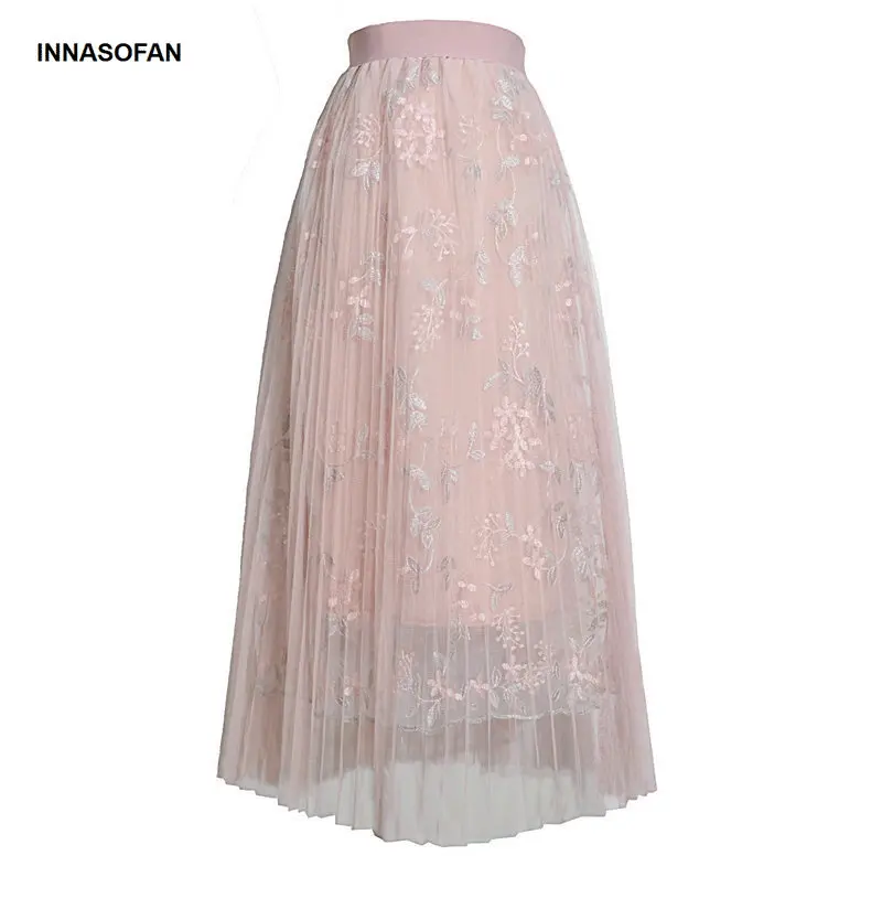 INNASOFAN Тюлевая плиссированная юбка для женщин весна-летняя пляжная юбка высокая талия Евро-американская модная юбка с вышитым цветком