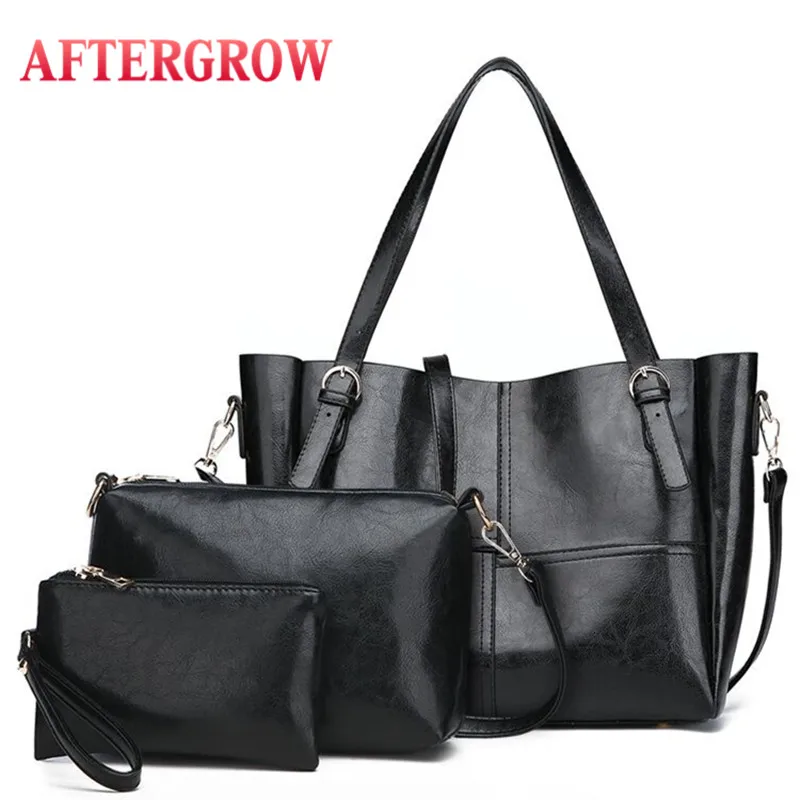 

3 pcs Women Composite Bag Set Oil Wax PU Leather Big Messenger Shoulder Bag Female Casual Tote Handbag bolsas feminina conjunto