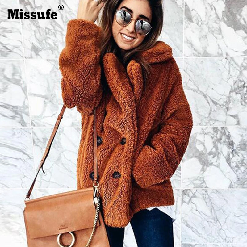 Beste Missufe 8 Kleuren 3XL Plus Size Notched Jassen Vrouwen 2018 Herfst Winter Knop Abrigo Mujer Streetwear Effen Harige Jassen