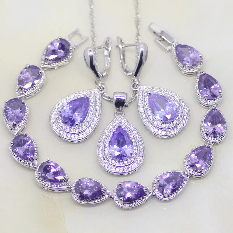 Капли воды фиолетовый кубический циркон белый CZ 925 стерлингового серебра ювелирные наборы для женщин серьги/кулон/ожерелье/браслет