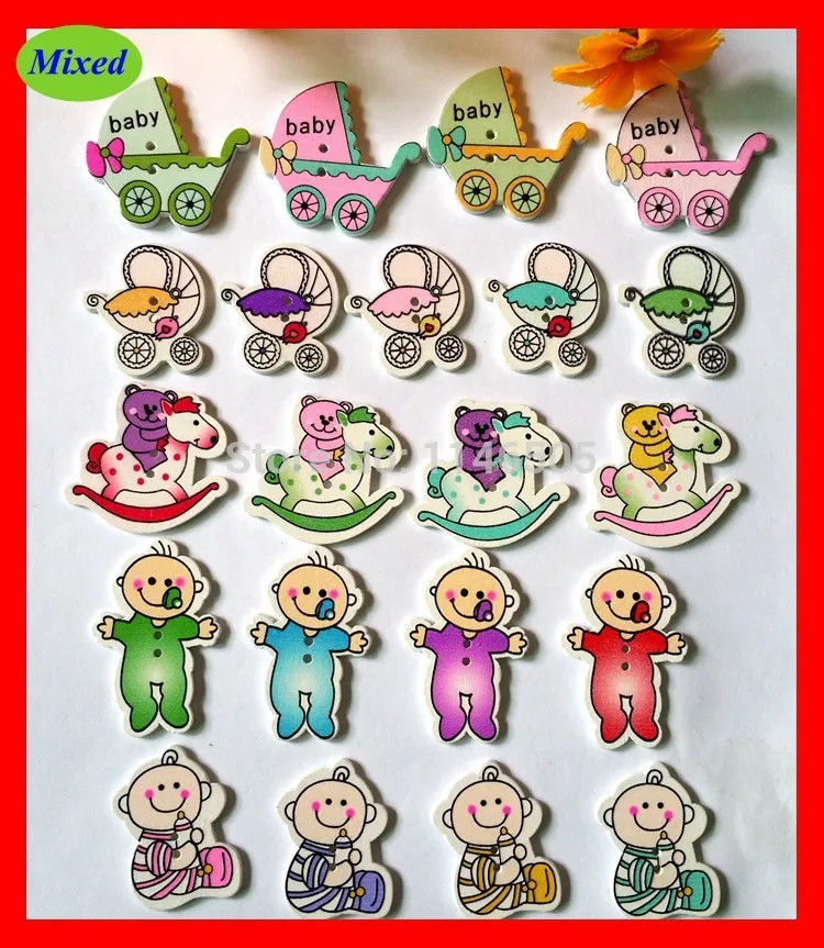 baby buttons mixed 120pcs printed Handmade wood buttons for children
